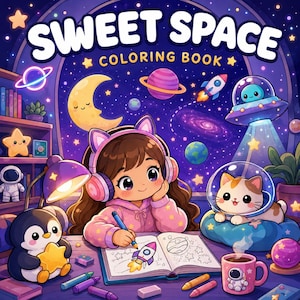 May include: A coloring book titled SWEET SPACE featuring a cartoon illustration of a child with cat-ear headphones drawing in a book, surrounded by a penguin, a cat in a space helmet, a rocket, planets, stars, and a pink astronaut mug.