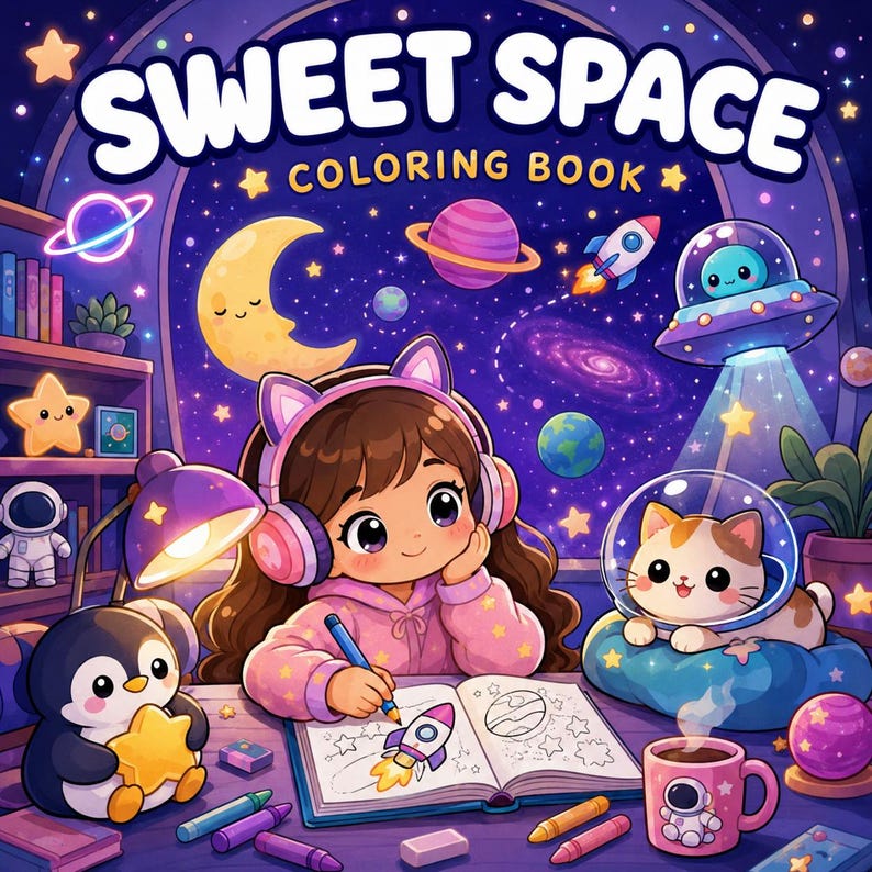May include: A coloring book titled SWEET SPACE featuring a cartoon illustration of a child with cat-ear headphones drawing in a book, surrounded by a penguin, a cat in a space helmet, a rocket, planets, stars, and a pink astronaut mug.