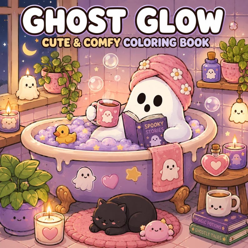 May include: A coloring book titled GHOST GLOW CUTE & COMFY COLORING BOOK featuring a white ghost in a purple bathtub filled with bubbles, holding a pink mug and a book titled SPOOKY STORIES. A black cat sleeps on a round rug near the tub.