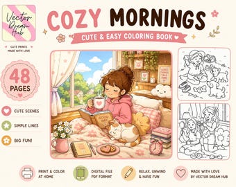 Cozy Mornings Coloring Book PDF, Cute & Easy Coloring Pages, Printable Cozy Coloring Book, Bold Easy Coloring Book, Relaxing Coloring Pages