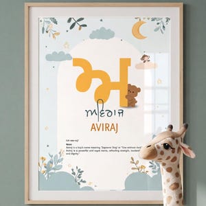 Op de afbeelding: Een ingelijste wandprint met de Punjabi-letter 'ਅ' in het geel, de naam 'AVIRAJ' in bruine tekst en een definitie van de naam. De print bevat illustraties van een bruine teddybeer, een aap, wolken, een maan en bladeren.