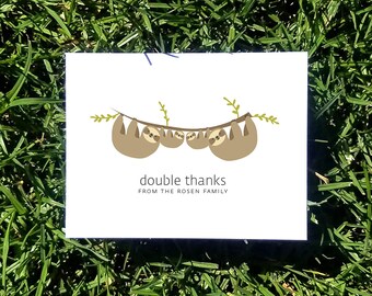 Sloth Twins Baby Thank You Cards. Custom Twin Shower Thank You Cards. Twin Baby Thank Yous. Personalized (Set of 10)