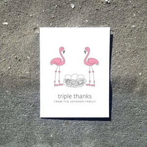 Flamingo Triplet Baby Dankeschön-Karten. Triplet Baby-Dusche-Dankeschön-Karten. Triplet Baby Danke. Personalisierte. Eier im Nest (Set von 10)