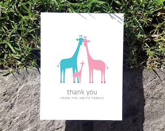 Digital Download / Custom Giraffe Baby Twins Triplets Thank You Card Design. Baby Shower Stationery. Personalized.