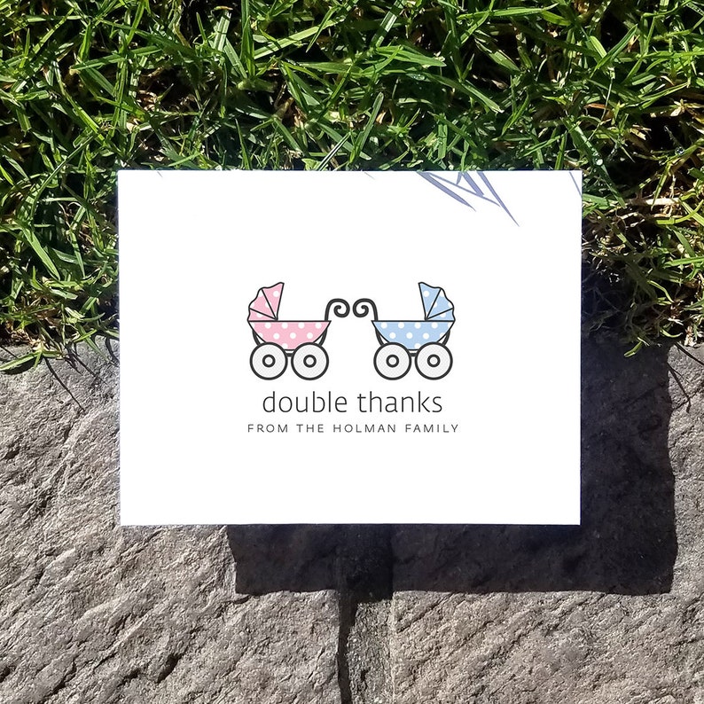 Twins Baby Carriage Thank You Cards. Custom Twin Baby Shower Thank You Cards. Twins Thank Yous. Personalized. Pram. Set of 10 image 4