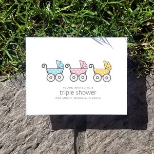 Triplet Kinderwagen Dankeskarten. Triplet Babyparty Dankeskarten. Triplette Danke. Personalisiert. Kinderwagen. (10er Set)