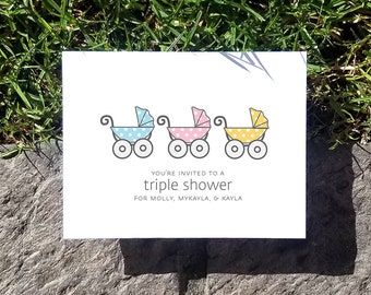 Digital Download / Custom Baby Carriage Baby Twins Triplets Thank You Card Design. Baby Shower Stationery. Personalized.