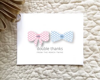 Digital Download / Custom Hair Bow and Bow Tie Baby Twins Triplets Thank You Card Design. Baby Shower Stationery. Personalized.