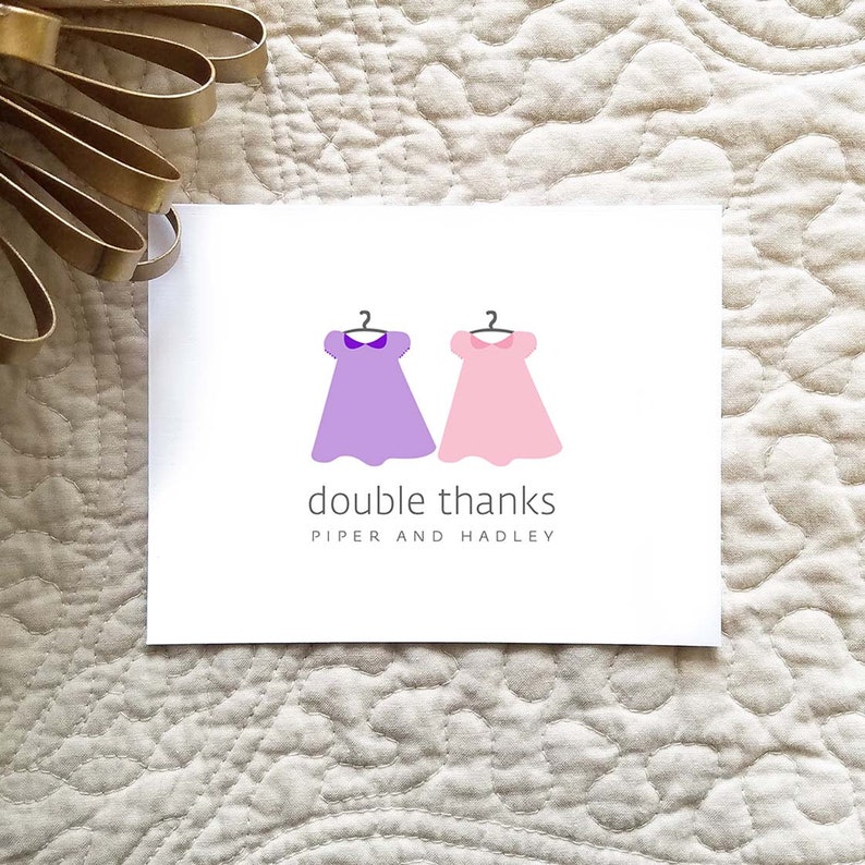 Dress Baby Twins Thank You Cards. Custom Dresses Twin Baby Shower Thank You Cards. Twin Baby Thank Yous. Personalized Set of 10 image 1