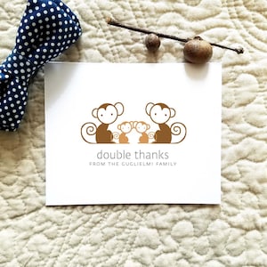Affe Zwillinge Baby Dankeschön-Karten. Benutzerdefinierte Twin-Dusche-Dankeschön-Karten. Twin Baby Danke. Personalisiert (Set von 10)