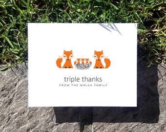 Fox Baby Triplet Thank You Cards. Triplet Baby Shower Thank You Cards. Triplet Thank Yous. Personalized Stationery (Set of 10)