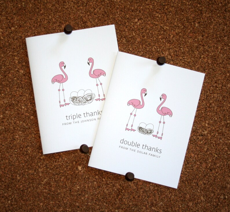 Custom Twin Baby Shower Thank You Cards Personalized Twin Baby Thank Yous Flamingo Twins Baby Thank You Cards Eggs in Nest Set of 10