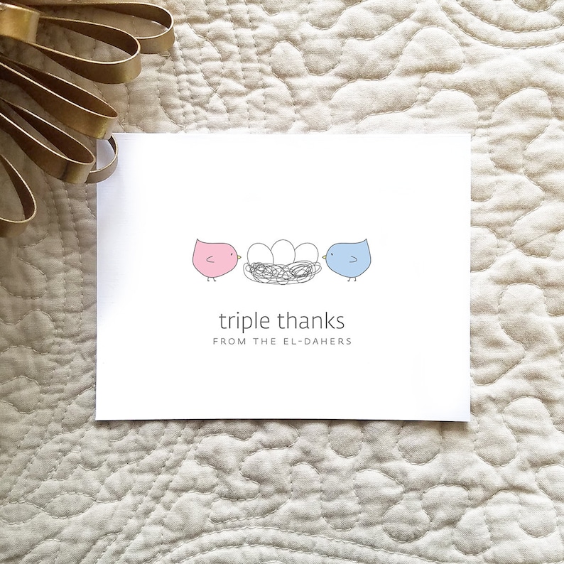 K&ouml;nnte beinhalten: Eine wei&szlig;e Karte mit einem rosa und einem blauen Vogel auf jeder Seite eines Nestes mit drei Eiern. Der Text auf der Karte lautet "triple thanks from the El-Dahers".