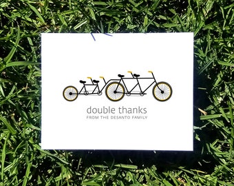 Bicycle Twins Baby Thank You Cards. Custom Twin Shower Thank You Cards. Twin Thank Yous. Bicycle Built for Four (Set of 10)