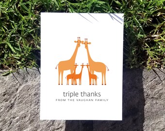 Giraffe Triplet Thank You Cards. Baby Shower Thank You Cards. Triplet Baby Thank Yous. Personalized Stationery (Set of 10)