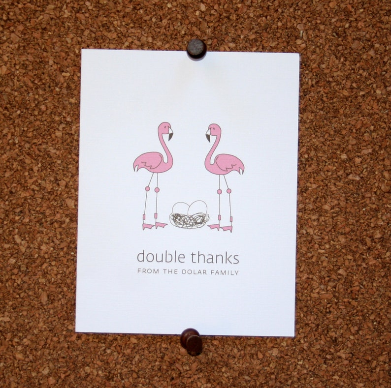 Custom Twin Baby Shower Thank You Cards Personalized Twin Baby Thank Yous Flamingo Twins Baby Thank You Cards Eggs in Nest Set of 10