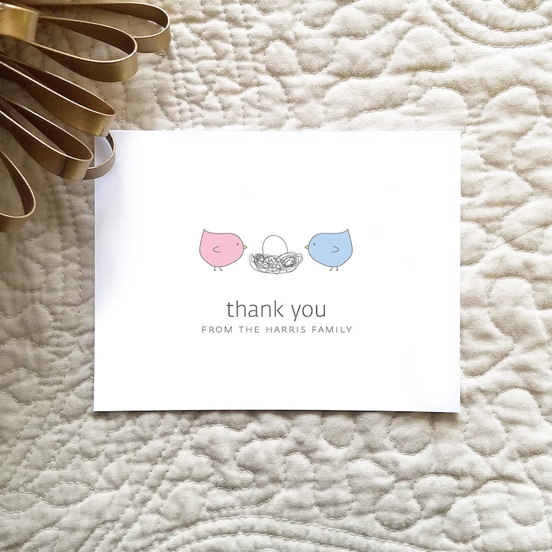 Personalized Bird Baby Thank You Cards: Linen Baby Shower Notes (Set of 10) Bild 1