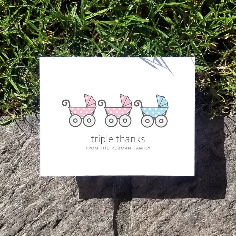 Twins Baby Carriage Thank You Cards. Custom Twin Baby Shower Thank You Cards. Twins Thank Yous. Personalized. Pram. Set of 10 image 3