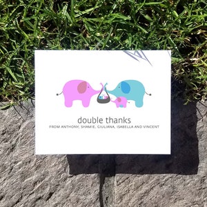 Elefant Zwillinge Baby Dankeskarten. Personalisierte Twin Shower Dankeskarten. Zwillings Baby Dankeschön. Personalisiert (10er Set)