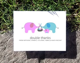 Elephant Twins Baby Thank You Cards. Custom Twin Shower Thank You Cards. Twin Baby Thank Yous. Personalized (Set of 10)