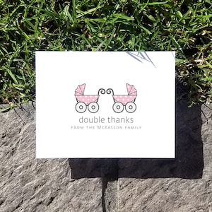 Twins Baby Carriage Thank You Cards. Custom Twin Baby Shower Thank You Cards. Twins Thank Yous. Personalized. Pram. Set of 10 image 1