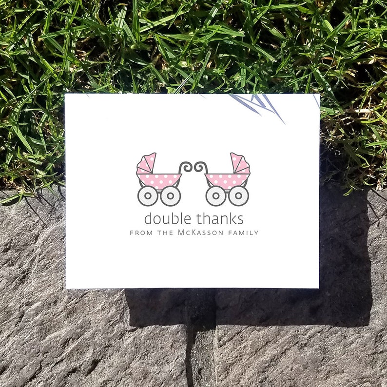 Twins Baby Carriage Thank You Cards. Custom Twin Baby Shower Thank You Cards. Twins Thank Yous. Personalized. Pram. Set of 10 image 1