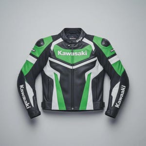 Op de afbeelding: Een zwart, groen en wit leren motorjack met het Kawasaki-logo op de borst en mouwen, en het woord Ninja op de kraag. Het jack is voorzien van een ritssluiting over de gehele lengte, een opstaande kraag en beschermende schouderpanelen.