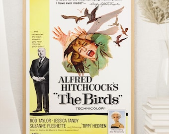 The Birds 1963 filmposter, klassieke film, midcentury modern, vintage muurkunst, woondecoratie, digitale download