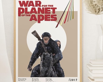 War for the Planet of the Apes filmposter, midcentury modern, vintage muurkunst, woondecoratie, digitale download