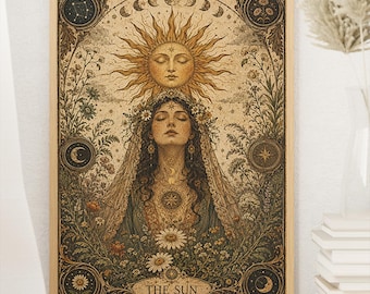 May include: A rectangular wall art print featuring a central figure with closed eyes, surrounded by flowers and a large sun above. The artwork includes celestial motifs, moon phases, and the text THE SUN XIX at the bottom, all framed in a light wood border.
