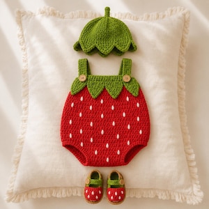 Jordgubbs Baby Romper Virkmönster PDF, 0-12 M Outfit Kostym, Mössa & Sandaler, Spädbarn Fotorekvisita Digital Nedladdning, Amigurumi Handledning
