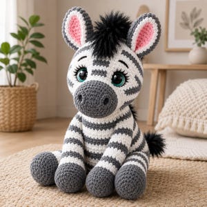 Peut inclure: Une peluche zèbre crochetée avec un corps rayé blanc et gris foncé, une crinière en laine noire et de grands yeux bleu sarcelle avec de longs cils. Les oreilles ont des accents roses à l'intérieur, et le zèbre a une petite queue noire.