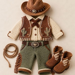May include: A crocheted outfit featuring a brown cowboy hat with a star emblem, a cream-colored shirt, a brown vest with cactus appliques and fringe, green pants with side fringe and a bull buckle belt, a coiled rope, and brown and cream boots.