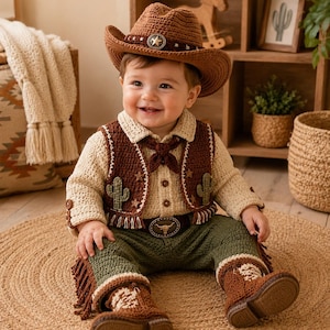 May include: A crochet cowboy outfit consisting of a brown hat with a star emblem, a beige long-sleeve shirt, a brown vest with cactus appliques and fringe, green pants with side fringe, and brown boots with a bull skull belt buckle detail.
