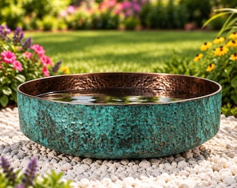 Handmade Copper Bird Bath – Turquoise Hammered Garden Bowl