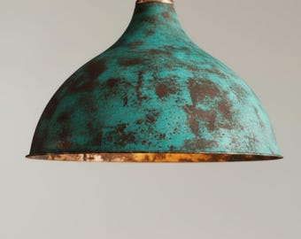 Lámpara colgante de cobre hecha a mano – Lámpara marroquí con pátina verde – Lámpara de techo rústica industrial