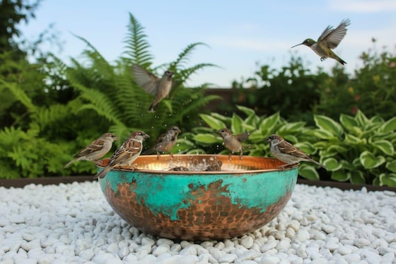 Hand-Hammered Copper Bird Bath Bowl, Verdigris Patina Garden Decor, Rustic Patio Feeder