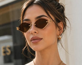 Retro Rimless Sunglasses Women | Diamond Cut Metal Half Frame Y2K Eyewear