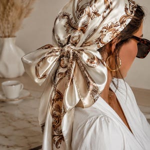 Silky Cream & Gold Printed Head Scarf Pure Twill Silk Shawl Scarf Square Bandanna Kerchief 35  main image 4