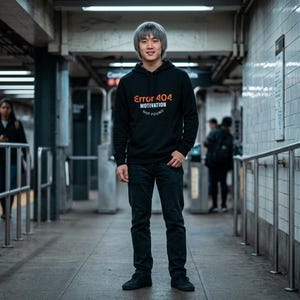 May include: A person wearing a black hoodie with the text "Error 404 Motivation Not Found" in orange and white. The person is standing in a subway station, wearing dark jeans and black shoes.