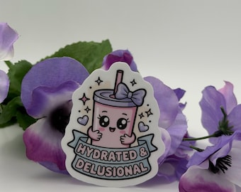 Kawaii Tumbler Sticker | Hydrated Delusional Decal | Coquette Pink Vinyl Laptop Water Bottle