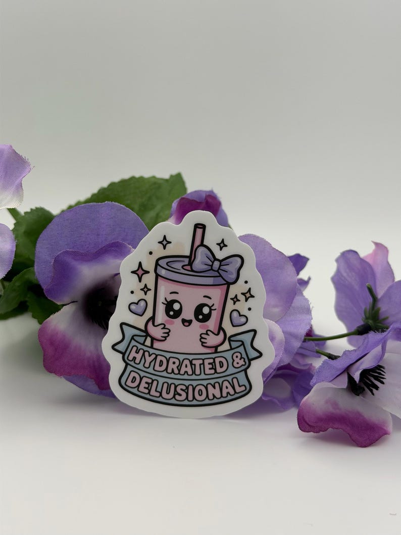 Kawaii Tumbler Sticker | Hydrated Delusional Decal | Coquette Pink Vinyl Laptop Water Bottle image 1
