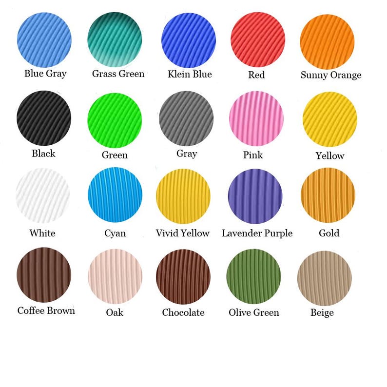 May include: A color chart featuring twenty circular swatches arranged in a grid, each displaying a distinct color with a ribbed texture. The colors are labeled: Blue Gray, Grass Green, Klein Blue, Red, Sunny Orange, Black, Green, Gray, Pink, Yellow, White, Cyan, Vivid Yellow, Lavender Purple, Gold, Coffee Brown, Oak, Chocolate, Olive Green, and Beige.