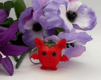 Handgeschilderde 3D-geprinte aardbei-vleermuis sleutelhanger | Kawaii vleermuis bedeltje | PLA sleutelhanger