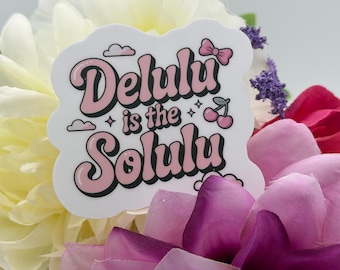 Delulu Is Solulu Sticker | Pink Cherry Vinyl Decal | Retro Pastel Quote Sticker