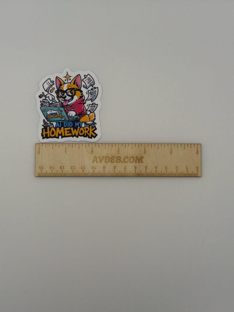 May include: A die-cut sticker featuring a cartoon corgi wearing glasses and a red hoodie, typing on a laptop with papers flying around. The text reads AI DID MY HOMEWORK. A wooden ruler is placed below the sticker, showing it is about 6.5 cm wide.