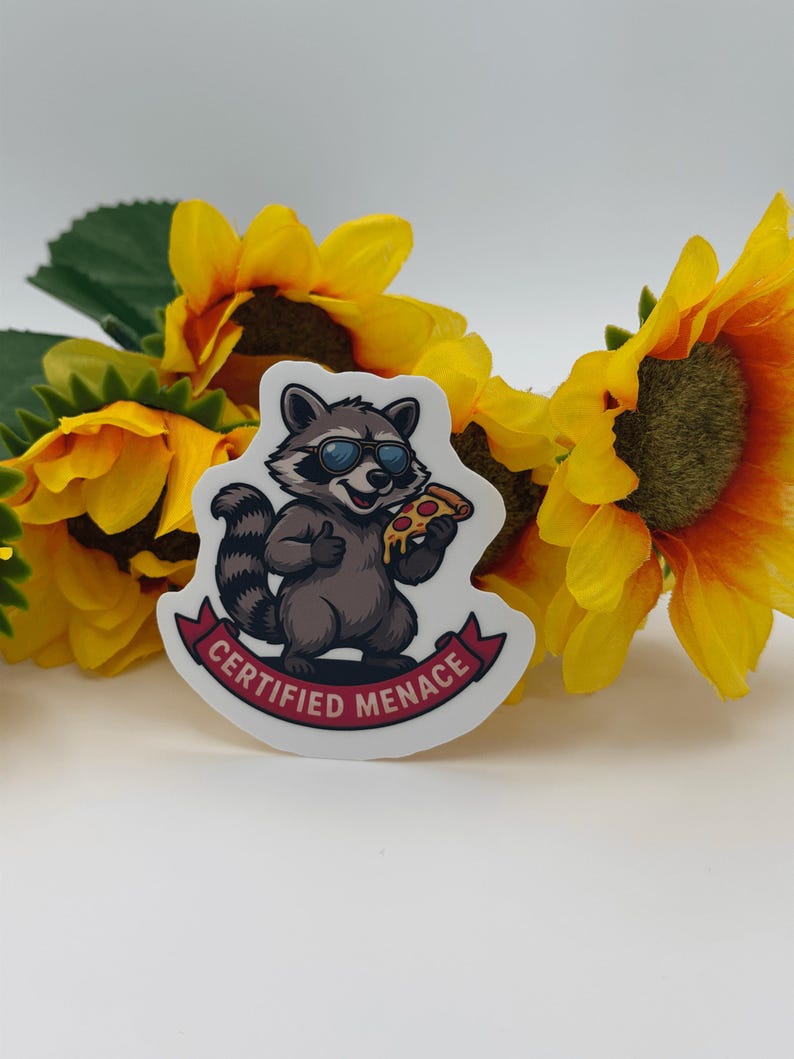 Funny Raccoon Pizza Sticker Certified Menace Decal
