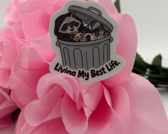 Sticker van een wasbeer | Vinylsticker met de tekst "Wasbeer leeft zijn leven"
