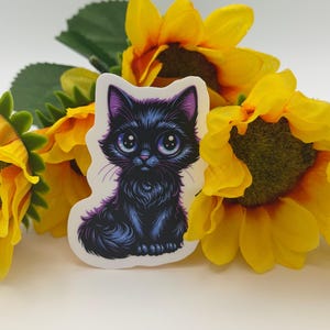 Black Kitten Sticker | Fluffy Cat Vinyl Decal | Gothic Whimsical Art image 1