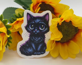 Black Kitten Sticker | Fluffy Cat Vinyl Decal | Gothic Whimsical Art